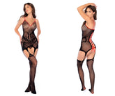 Black lace bodysuit with red trim and crisscross lacing at the back shown in Mapale 1153 snake fishnet bodystocking