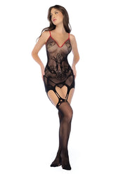 Black lace mapale 1153 snake fishnet bodystocking with red trim and intricate floral patterns front view