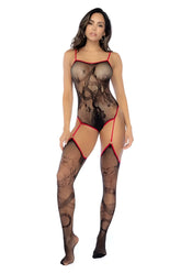 Black mesh bodysuit with red trim and lace detailing from mapale 1154 snake fishnet bodyset in black and red