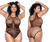 Black fishnet bodysuit by mapale with lace and rhinestone detailing in a snake pattern color black rhinestone