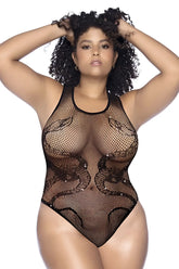 Black mapale 1155x snake fishnet bodysuit with lace sequin detailing and rhinestones for elegant wear