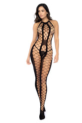 Black fishnet bodysuit with halter neckline and mesh pattern from Mapale 1156 cutout fishnet boystocking collection
