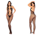 Black fishnet bodysuit by mapale with lace-up front and halter neck design in open fishnet material