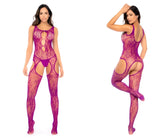 Mapale 1160 floral fishnet bodystocking in pink orchid with vibrant purple lace cut-outs and sheer patterned fabric