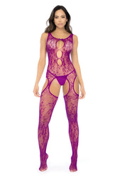 Mapale 1160 floral fishnet bodystocking in pink orchid features a vibrant purple lace bodysuit with sheer floral pattern and cut outs