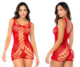 Red fishnet romper by Mapale with a plunging neckline and cut out design in a sexy bodysuit style