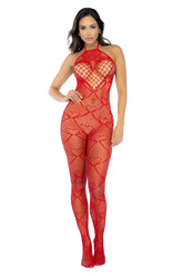 Red heart-patterned fishnet bodystocking with rhinestone detail and halter neckline by mapale in red
