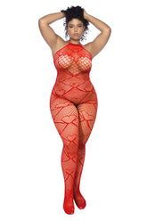 Red heart patterned fishnet bodysuit with rhinestone detail in red by Mapale, front view product image