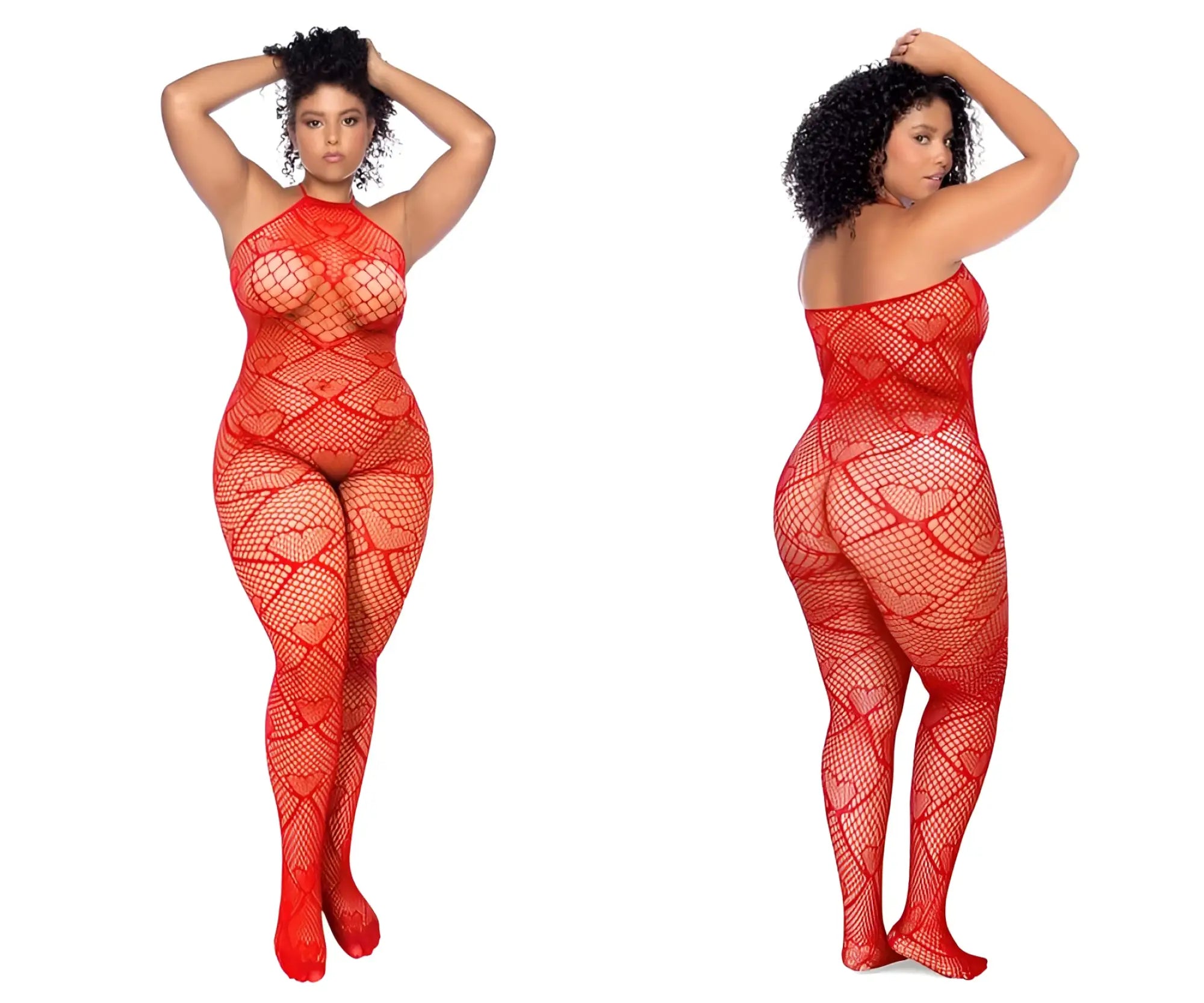 Red heart-patterned mesh bodysuit with rhinestone detail by mapale in red fishnet material for intimate wear
