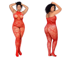 Red heart-patterned mesh bodysuit with rhinestone detail by mapale in red fishnet material for intimate wear