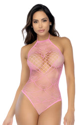 Pink mesh halter bodysuit with heart-shaped chest cutout in bubblegum pink by Mapale 1165 fishnet design