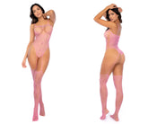 Pink mesh bodycon one-piece fishnet bodystocking with heart detail thin straps bubblegum pink by Mapale