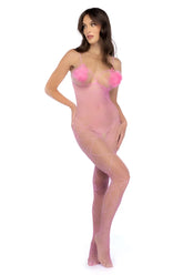Mapale 1167 feather kiss fishnet bodysuit in bubblegum pink features a pink mesh design with fluffy pom-poms at the bust