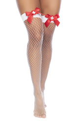 Mapale 1172 nurse fishnet thigh high stockings in white with red satin bows and a white cross at the center