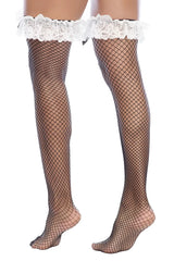 Mapale 1173 maid black fishnet thigh high stockings with white lace trim in a front view display