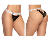 Black lace thong panty with white elastic waistband featuring sexy thing brand script in black from Mapale 118 collection