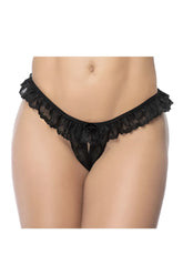 Mapale 119 black lace thong with ruffled hem and delicate bow at center showing front view