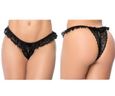 Black lace thong panty by mapale 119 with ruffled trim and delicate floral pattern in black lace material