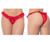 Red lace peek-a-boo thong panty with ruffled trim and front bow by mapale 119 in vibrant red lace material