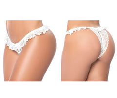 White lace thong panty by mapale 119 with delicate ruffled trim and intricate floral patterns in white color