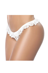 White lace thong panty by Mapale 119 with delicate ruffled trim in white showing front view