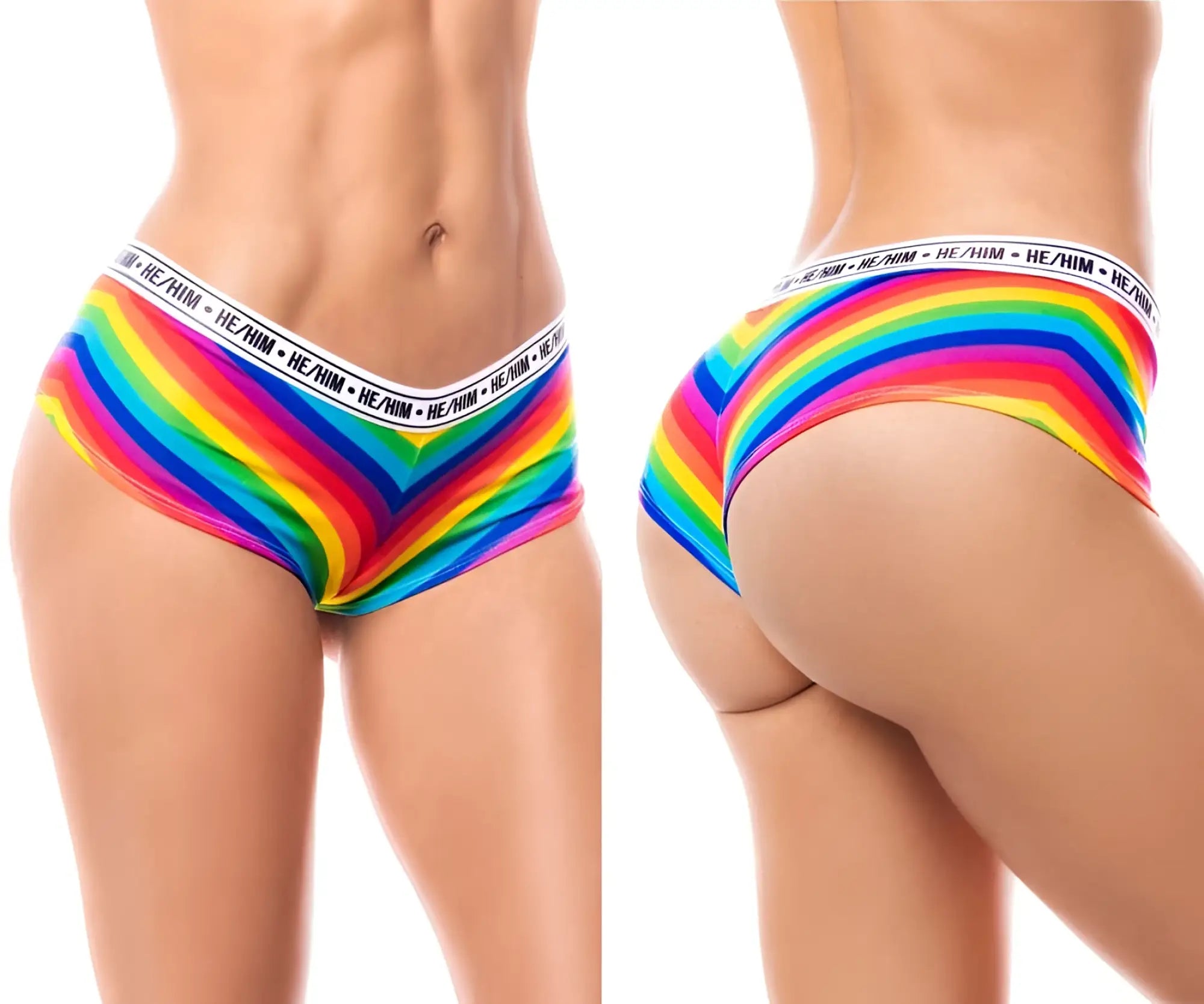 Mapale 122b rainbow cheeky short briefs with rainbow stripes and white elastic waistband for he him use