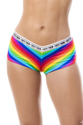 Mapale 122C rainbow cheeky short briefs with rainbow stripes and white elastic waistband featuring they them text