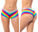 Mapale 122C rainbow cheeky short briefs with rainbow stripes and white elastic waistband featuring they them text