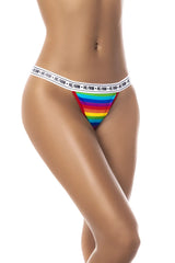Mapale 123b rainbow thong featuring rainbow stripes and a white elastic waistband with repeating he him text
