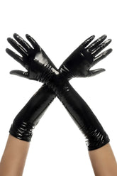 Black patent leather mapale 125 cruella high gloves with glossy finish and long sleek design shown from the back side