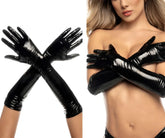 Mapale 125 Cruella high gloves in gloss black patent leather with ribbed cuffs shown from the back side