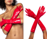 Vibrant red glossy latex opera gloves with long sleeves from mapale 125 collection shown from the back side