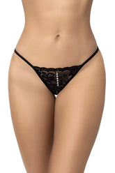 Black lace thong with pearl-like beads and thin straps from mapale 129 in black showing front view
