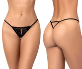 Black lace thong by mapale with delicate beaded detailing along the front center seam in black color