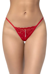 Red lace Mapale 129 thong with a vertical row of white pearls down the center for elegant intimate wear