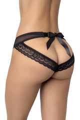 Black lace Mapale 131 thong showing sheer mesh back with decorative bow in black color