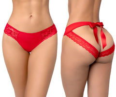 Red lace-trimmed backless thong with satin bow in red by mapale shown from the back side