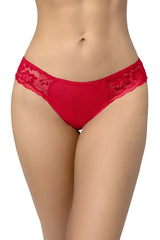 Red lace-trimmed Mapale 131 thong in smooth satin fabric with delicate floral embroidery in red color
