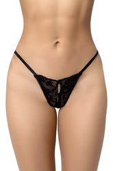 Black lace thong mapale 132 with delicate intricate pattern and thin straps in black shown from the back side