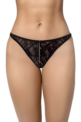 Black lace thong mapale 133 in black with delicate floral patterns and a central gold chain detail