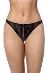 Black lace thong mapale 133 in black with delicate floral patterns and a central gold chain detail