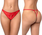 Red lace thong by Mapale 133 with delicate floral pattern and thin matching red strings for back support shown from back