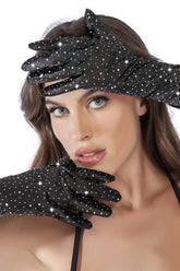 Black Mapale 135 satin opera gloves adorned with sparkling silver rhinestones for elegant evening wear