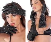 Black satin opera gloves with long sleeves adorned with sparkling rhinestones by mapale color black-rhinestone