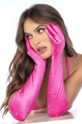 Bright pink satin opera gloves with sparkly rhinestone star pattern by Mapale model 135