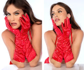 Red long satin opera gloves adorned with sparkling rhinestones by Mapale 135 for elegant occasions
