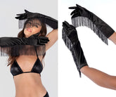 Black satin fringe opera gloves by Mapale featuring long fringe detail for elegant evening wear