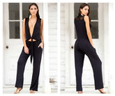 Black sleeveless jumpsuit by Mapale with lace back detailing and deep front tie for stylish evening wear