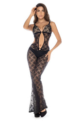 Black lace bodysuit with floral pattern cut-out details and central front closure in mapale 1914 jumpsuit color black