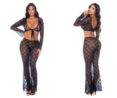 Black lace two-piece set with floral pattern and flared pants by mapale in black color for stylish occasions